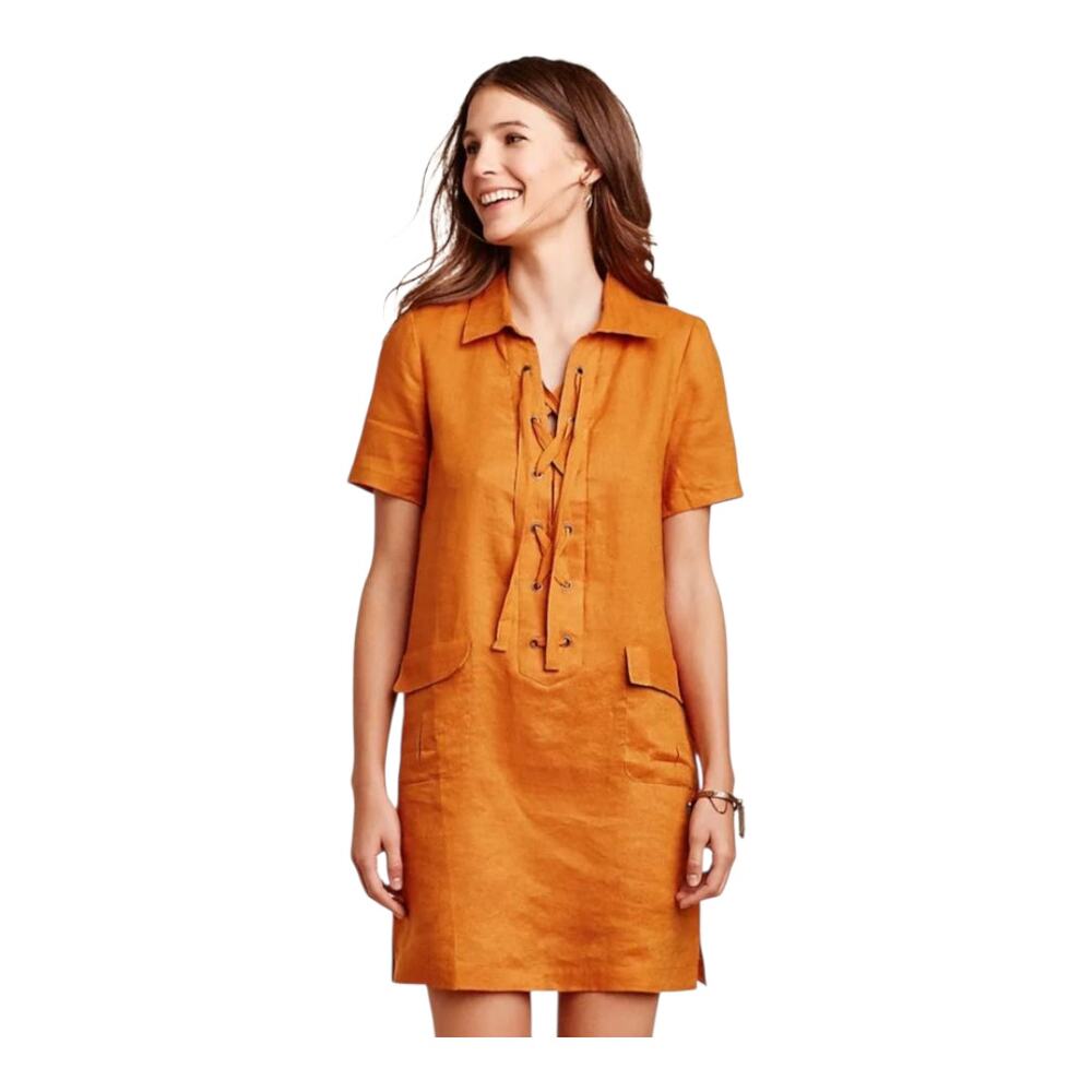 MaEve By Anthropologie Lace-Up Linen Dress Orange Short Sleeve Women's Size 8 US